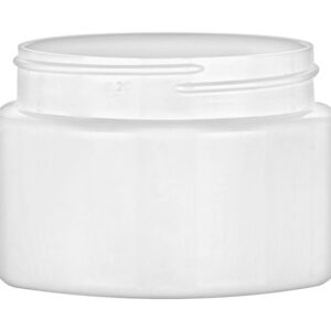 White cosmetic jar with a screw lid.