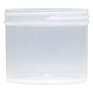 Clear plastic storage jar with lid.