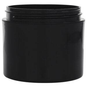 Black cosmetic jar with a screw lid.