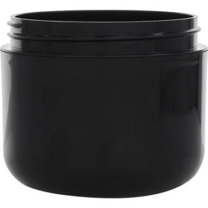 Black cosmetic jar with a screw lid.