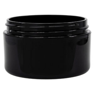 Black cosmetic jar with a smooth finish.