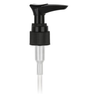 Black pump dispenser with clear tube.