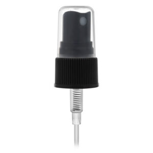 Black spray bottle nozzle with clear cap.