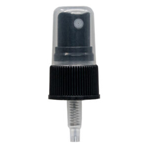 Black spray bottle nozzle with clear cap.