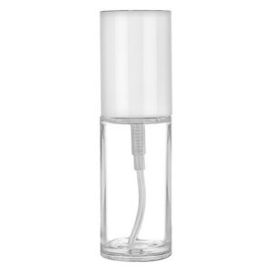 Clear spray bottle with white cap.