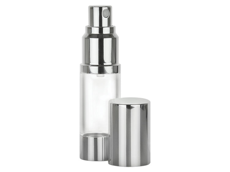 30 ML 20mm Airless Cylinder Round Clear/Silver AS Bottle Sprayer Overcap Set — Pack: 1,000/cs, 31 lbs/cs, 23x17x15”, 24cs/PLT, 24,000/PLT.