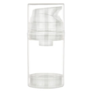 Clear pump bottle with lid.