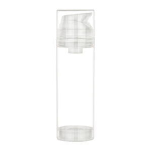 Clear plastic bottle with pump dispenser.
