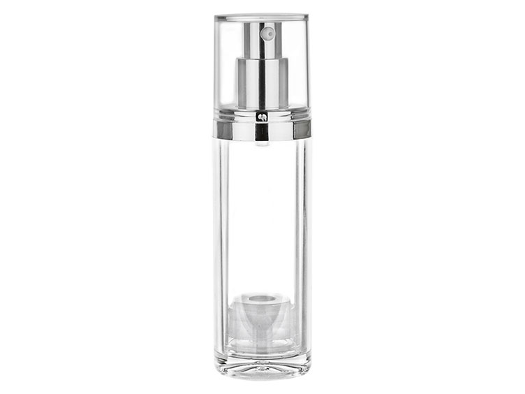 50 ML 18mm Ms/PP Airless Cylinder Round Clear/Silver/Clear Bottle Pump Overcap Set — Pack: 1,680/cs, 30 lbs/cs, 19x14x19”, 28cs/PLT, 47,040/PLT.