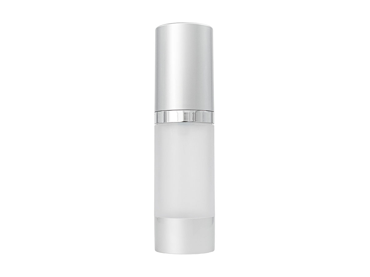 30 ML 20mm Airless Cylinder Round Frosted/Silver/Brushed Aluminum AS Bottle Pump Overcap Set — Pack: 250/cs, 18 lbs/cs, 21x13x12”, 35cs/PLT, 8,750/PLT.