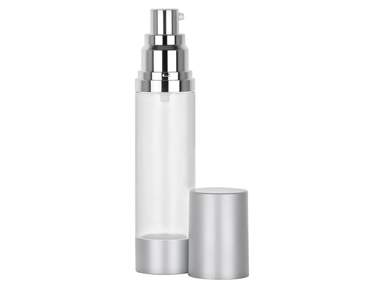 50 ML 20mm Airless Cylinder Round Frosted/Silver/Brushed Aluminum AS Bottle Pump Overcap Set — Pack: 500/cs, 14 lbs/cs, 22x14x11”, 48cs/PLT, 24,000/PLT.