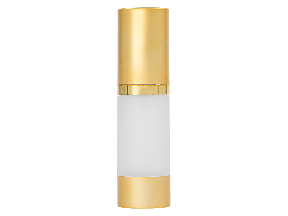 30 ML 20mm Airless Cylinder Round Frosted/Gold/Br Gold AS Bottle Pump Overcap Set — Pack: 500/cs, 14 lbs/cs, 22x14x11”, 36cs/PLT, 18,000/PLT.